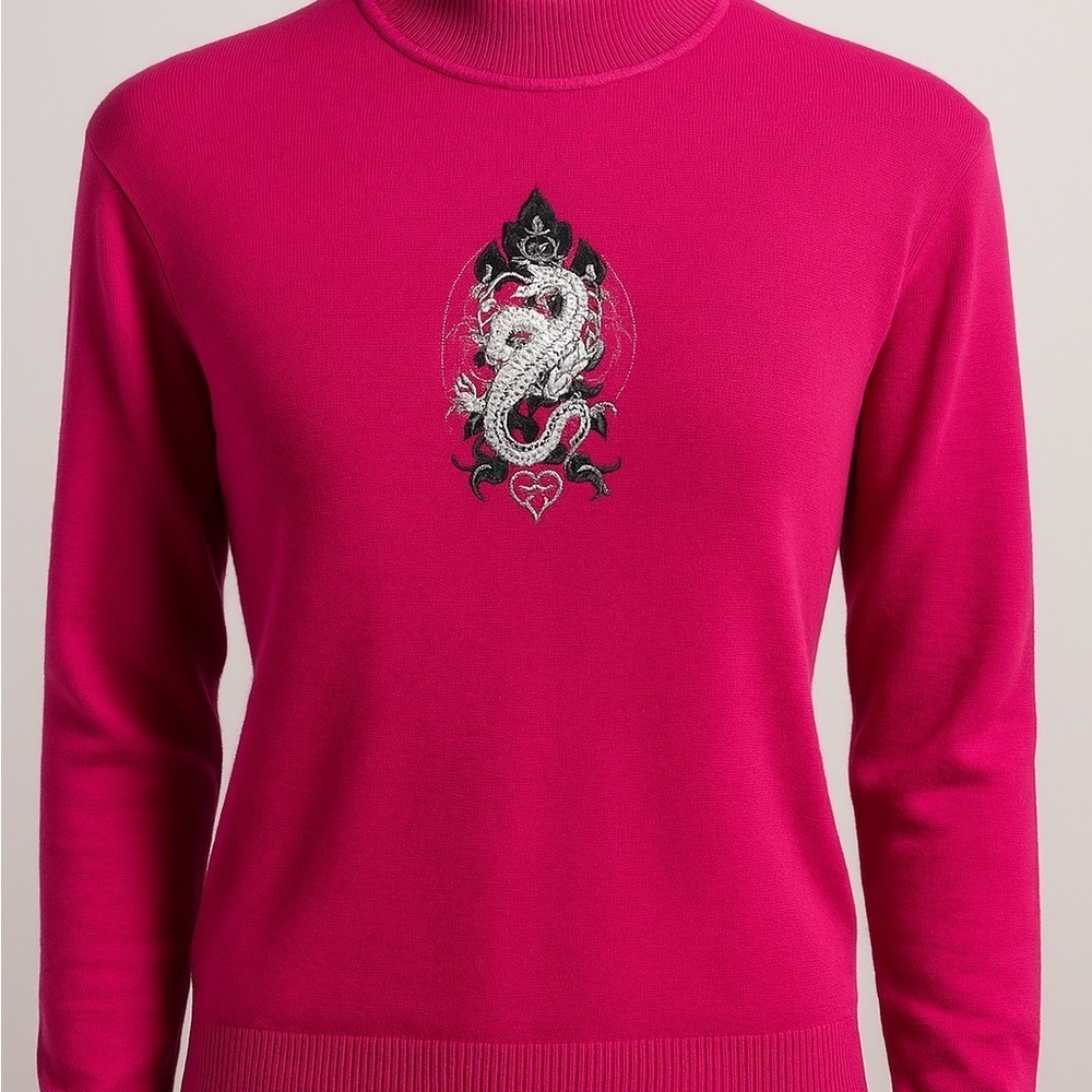 Bogner Virgin Wool Embroidered Dragon Crest Sweater – Fuchsia Pink – Size M - Picture 1 of 15